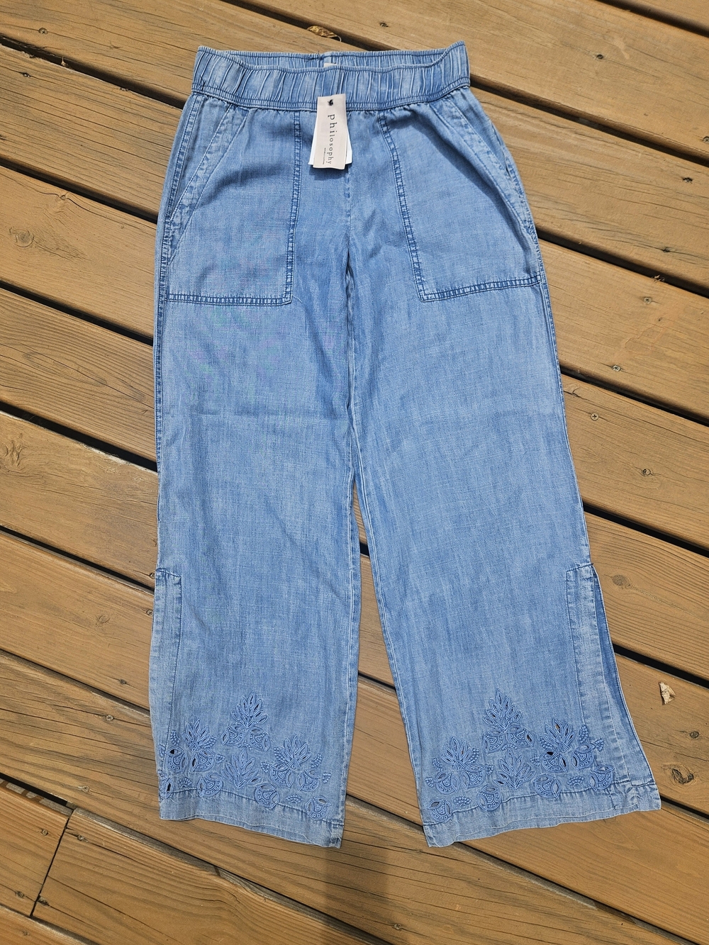 Pilcro Light Blue Wide-Leg Embroidered Hem Pants